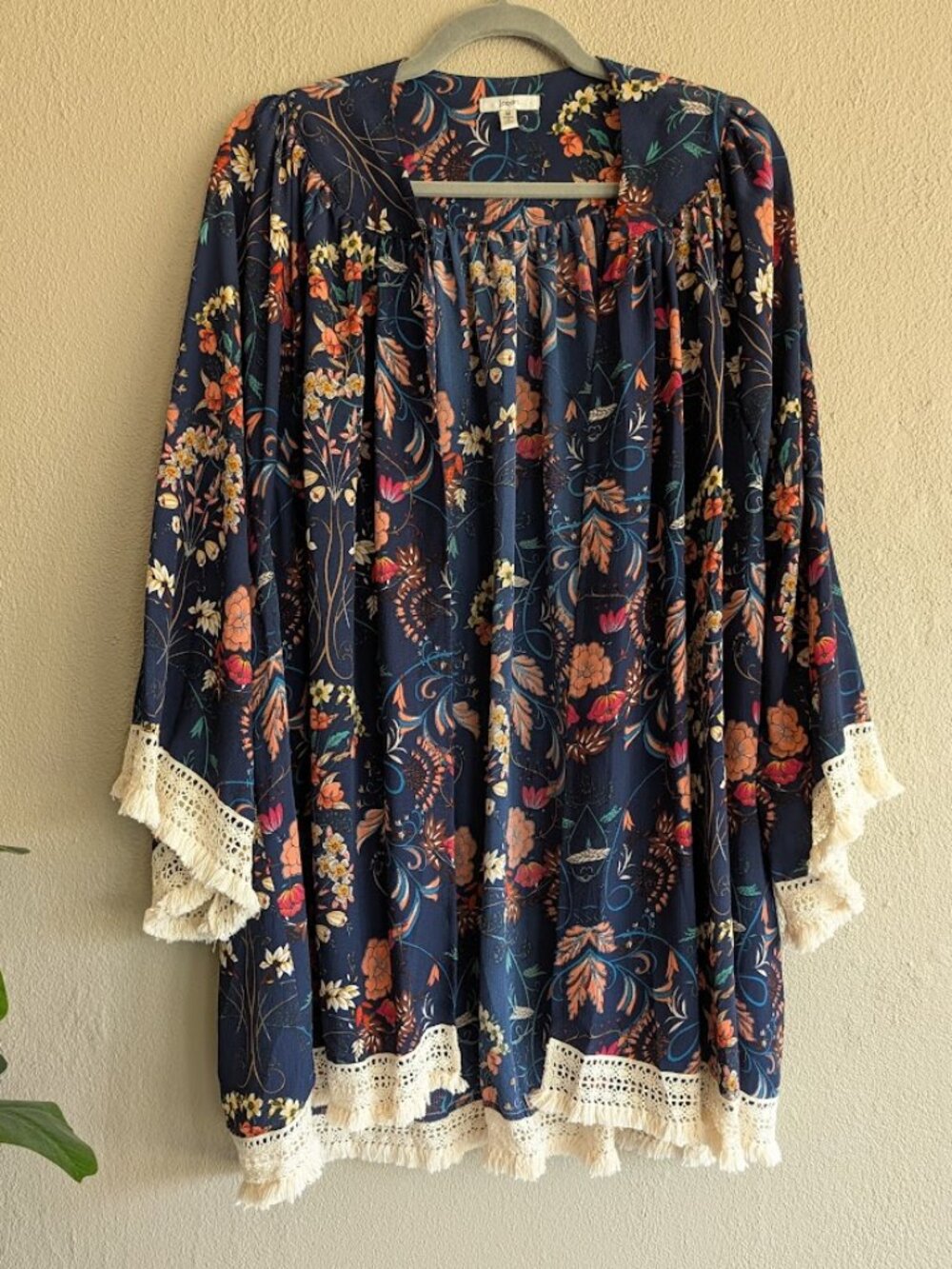 JODIFL Floral Open Front Kimono Cardigan with Crochet Fringe * Size M